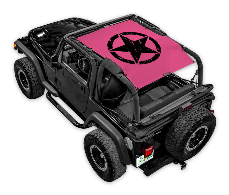Sun shade top for Jeep Wrangler TJ by SpiderWebShade, pink with black star print
