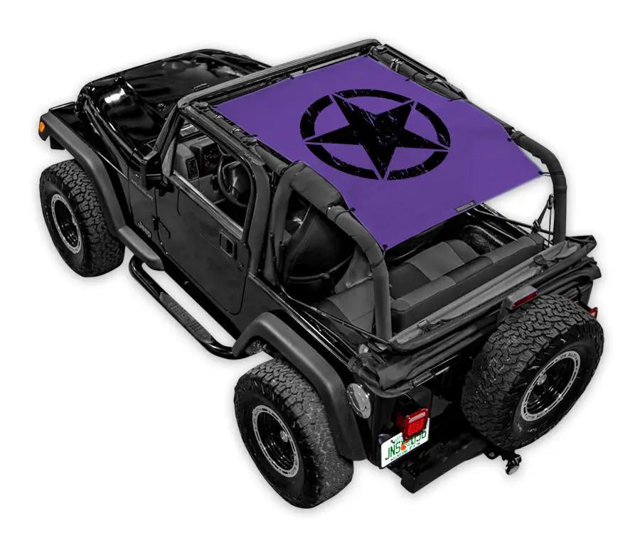 Jeep Wrangler TJ Sun Shade by SPIDERWEBSHADE, purple printed shade top with black star logo