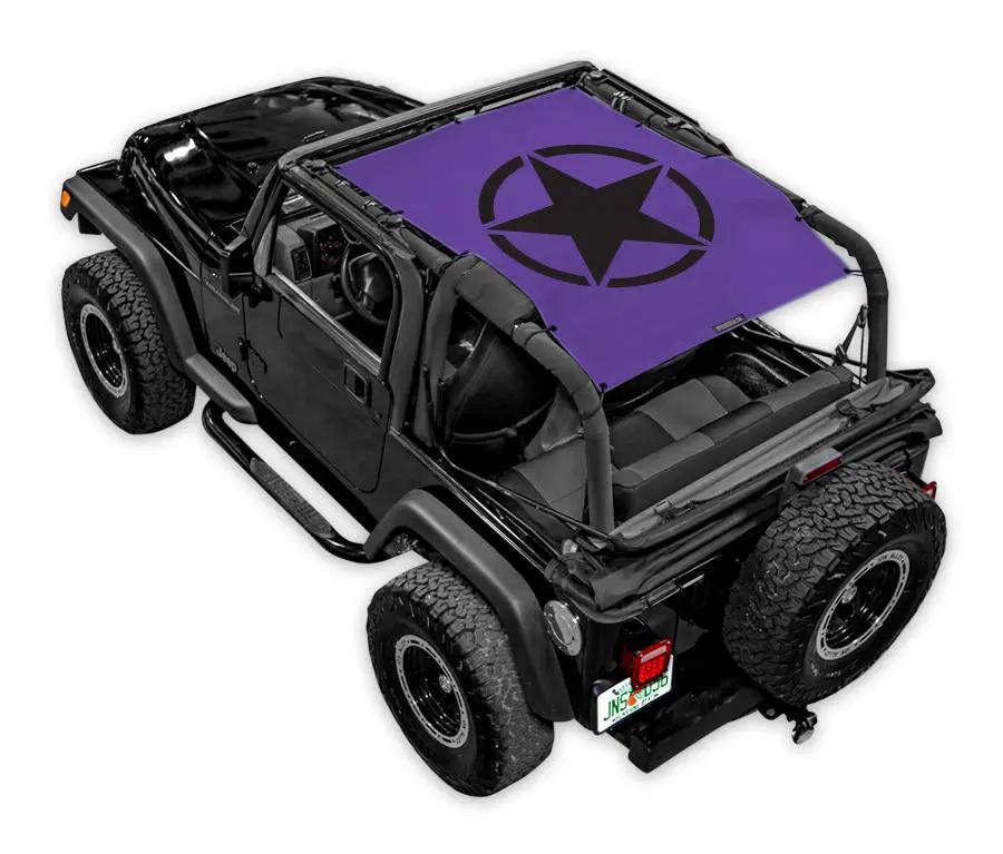 Jeep Wrangler TJ sun shade by SpiderWebShade; stock purple printed shade top with black star logo.