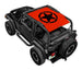 Sun shade for Jeep Wrangler TJ by SPIDERWEBSHADE; orange printed top with black star logo on black Jeep.