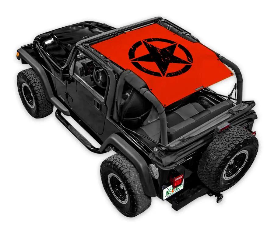 Sun shade for Jeep Wrangler TJ by SPIDERWEBSHADE; orange printed top with black star logo on black Jeep.