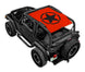 Sun shade for Jeep Wrangler TJ (1997–2006) by SpiderWebShade, orange printed top with black star logo.