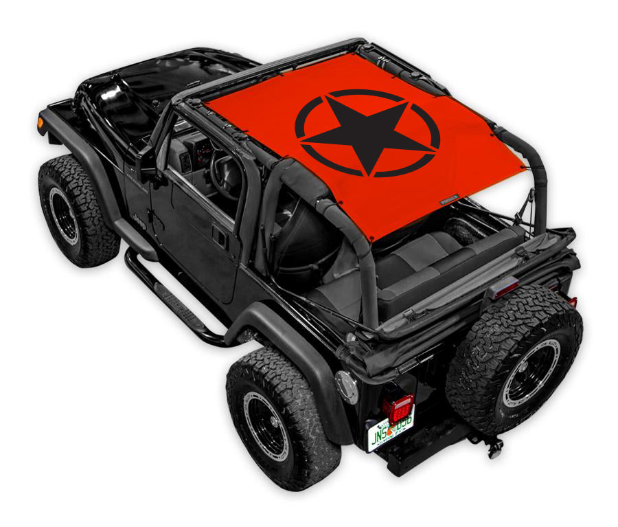 Sun shade for Jeep Wrangler TJ (1997–2006) by SpiderWebShade, orange printed top with black star logo.