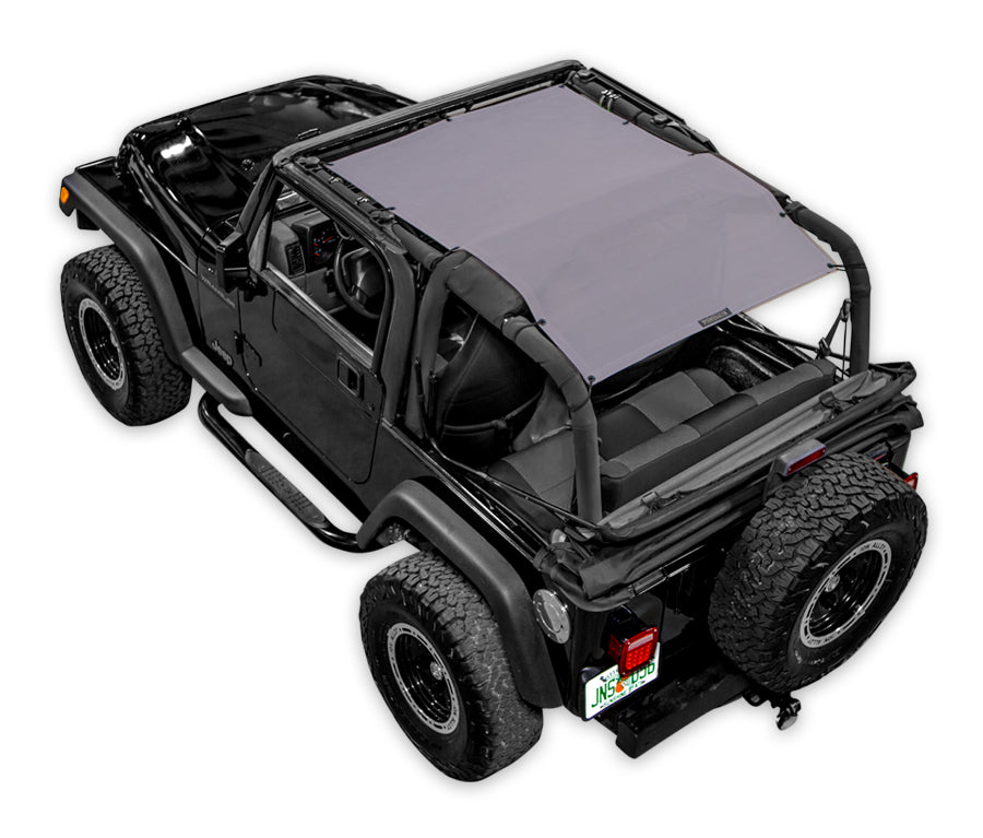 SPIDERWEBSHADE Sun Shade for Jeep Wrangler TJ (1997–2006); solid gray shade top on a black Jeep