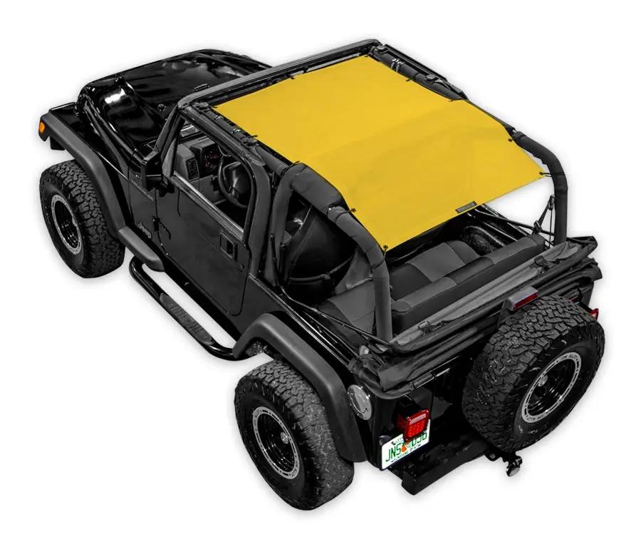 SpiderWebShade sun shade for Jeep Wrangler TJ 1997–2006, yellow shade top on a black jeep