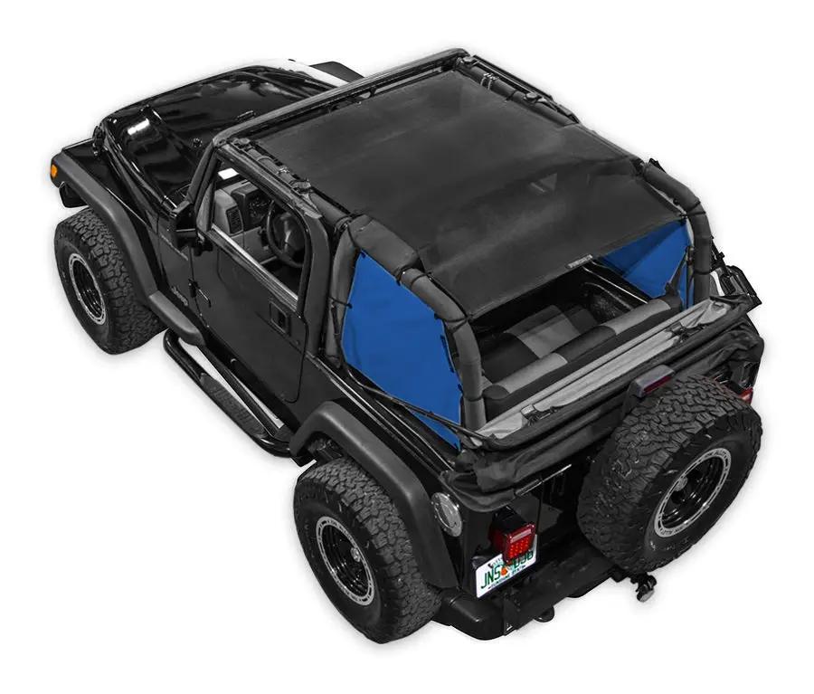 Sun Shade by SpiderWebShade for Jeep Wrangler TJ (1997–2006); blue side panels, black shade top