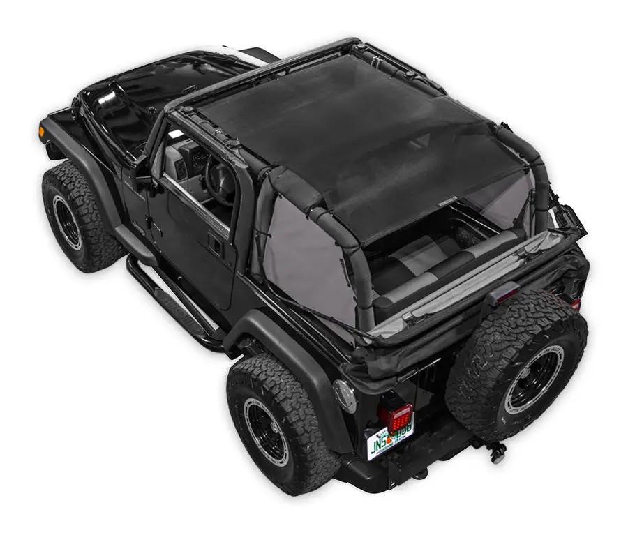 Sun shade top for Jeep Wrangler TJ (1997–2006); solid black SpiderWebShade mesh shade over roll bars