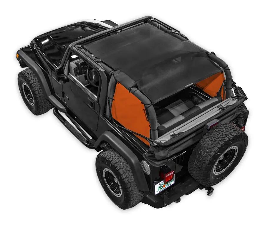 Sun Shade for Jeep Wrangler TJ (1997–2006) by SpiderWebShade; orange side panels, black mesh top