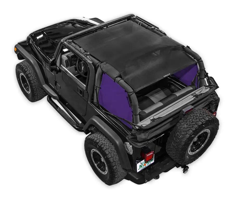 Sun Shade by SpiderWebShade for Jeep Wrangler TJ (1997–2006); purple side panels, black shade top
