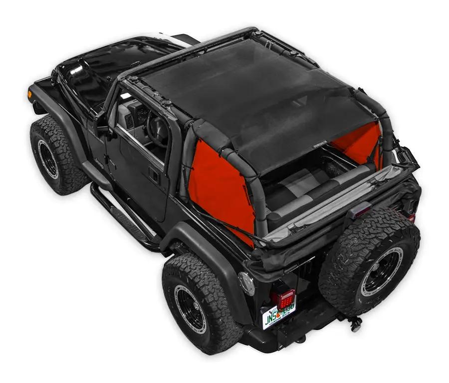 SpiderWebShade sun shade for Jeep Wrangler TJ (1997–2006); orange side panels, black mesh top