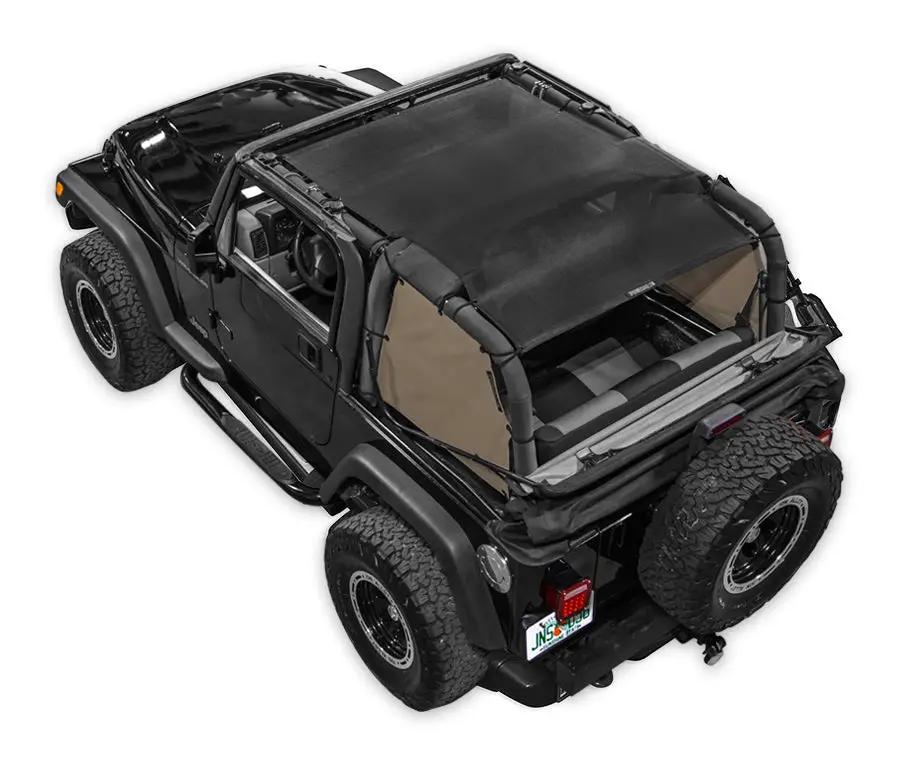 Sun shade top for Jeep Wrangler TJ (1997–2006) by SpiderWebShade; solid color mesh shade over roll bars