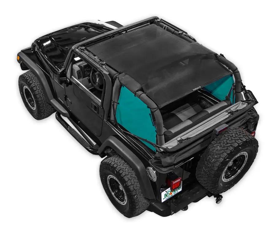 SpiderWebShade sun shade for Jeep Wrangler TJ (1997–2006); teal side panels with black mesh top