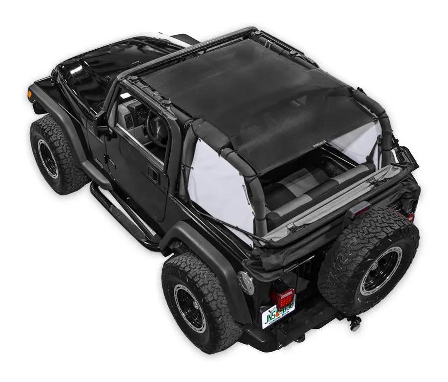 Sun shade top for Jeep Wrangler TJ (1997–2006) by SpiderWebShade, solid black color.