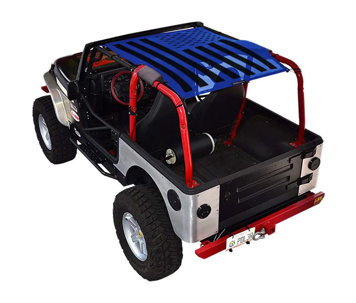Sun shade for Jeep Wrangler TJ (1997–2006) by SPIDERWEBSHADE, blue printed shade top