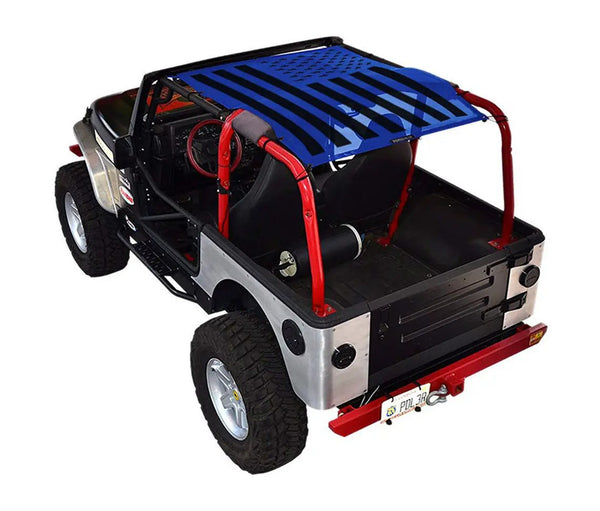Sun shade for Jeep Wrangler TJ (1997–2006) by SPIDERWEBSHADE, blue printed shade top