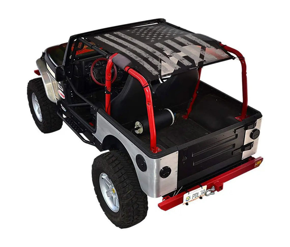 Sun shade top by SPIDERWEBSHADE for Jeep Wrangler TJ (1997–2006) with stock printed flag design