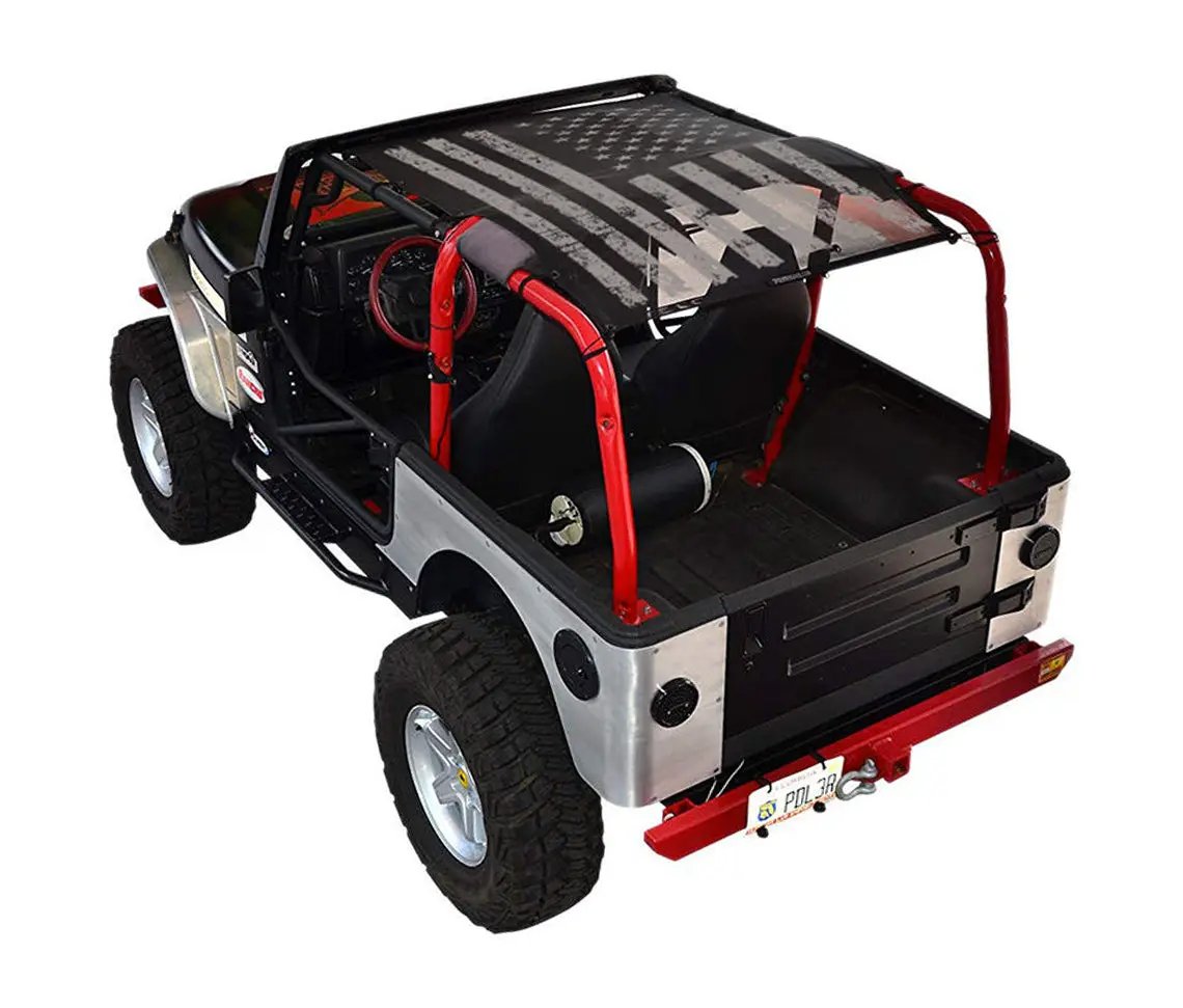 Sun shade top by SPIDERWEBSHADE for Jeep Wrangler TJ (1997–2006) with stock printed flag design