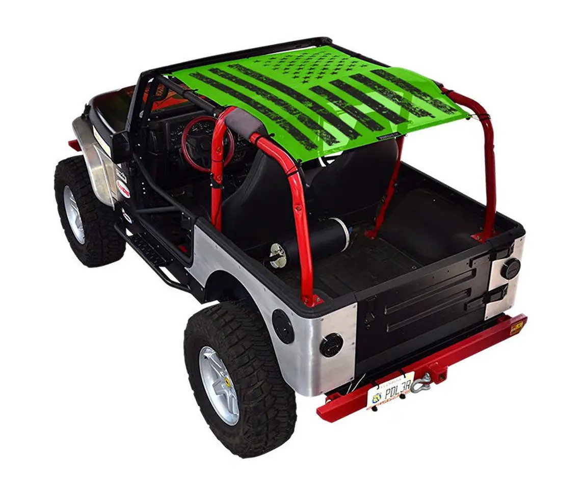 Sun shade for Jeep Wrangler TJ by SpiderWebShade; bright green stock printed top for 1997–2006