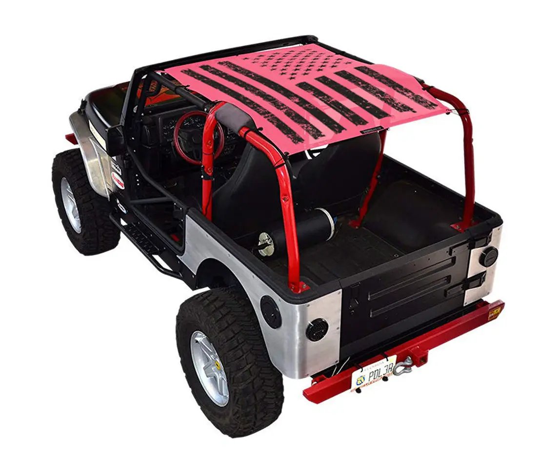 Sun shade for Jeep Wrangler TJ (1997–2006) by SpiderWebShade, pink printed shade top with black graphic.