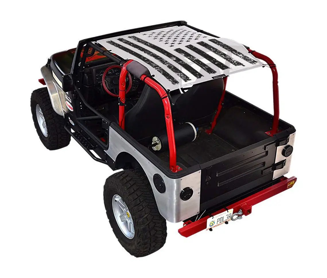 Sun shade top for Jeep Wrangler TJ by SpiderWebShade with US flag print, fits 1997–2006