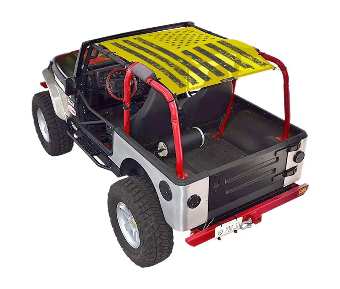 Sun shade SpiderWebShade top for Jeep Wrangler TJ (1997–2006); yellow printed shade with red frame.