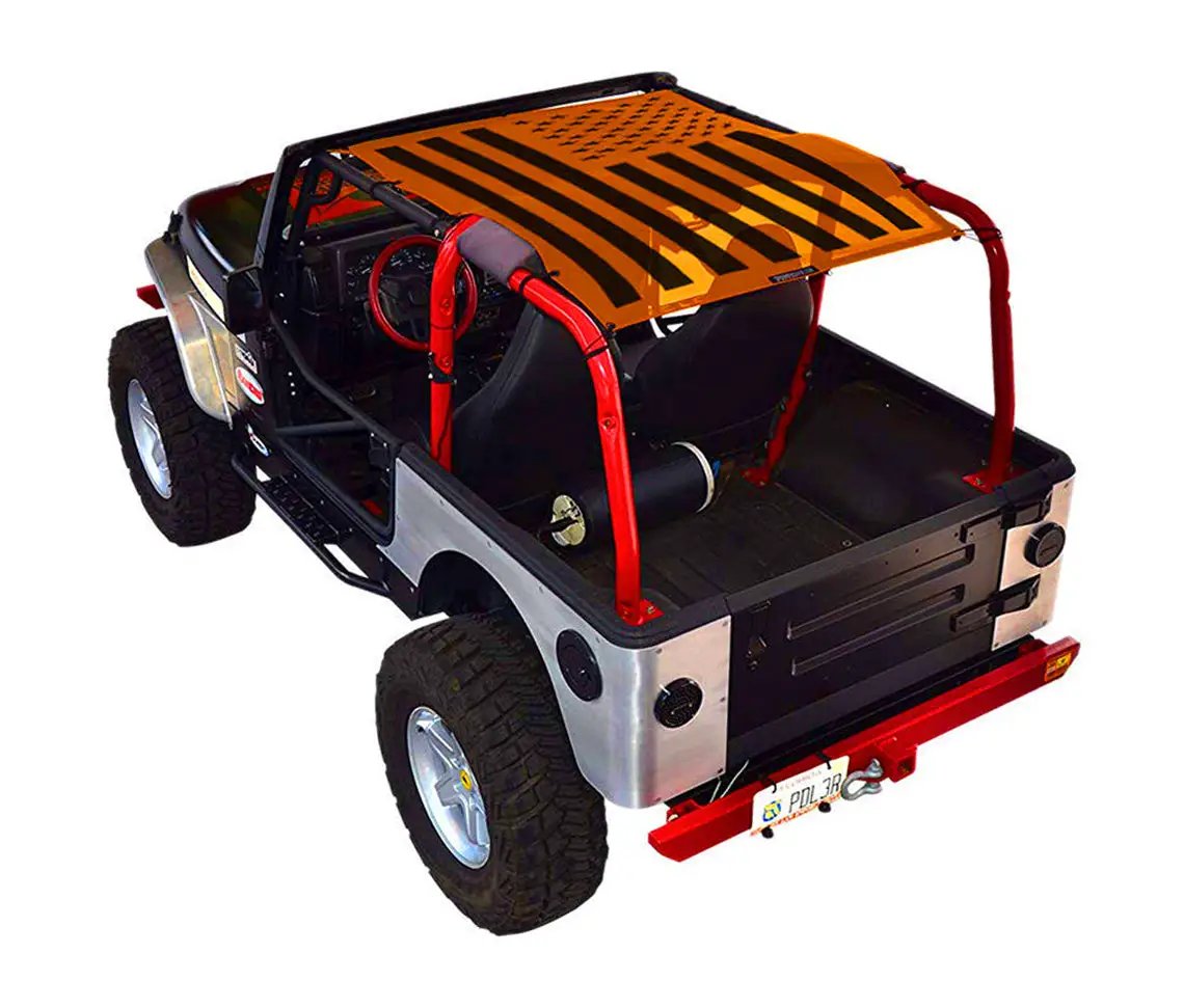 SPIDERWEBSHADE sun shade for Jeep Wrangler TJ, orange printed top with black pattern