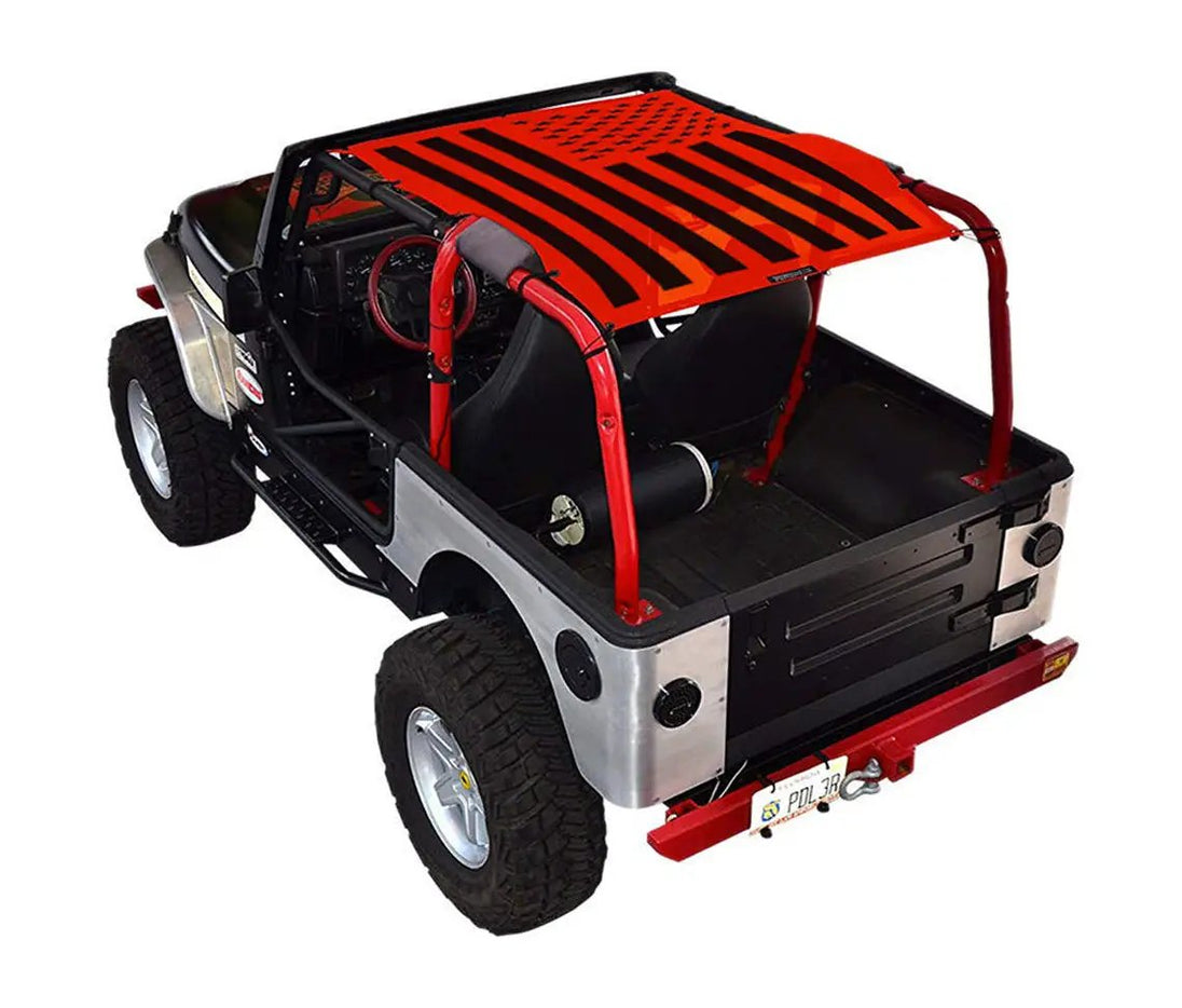 Sun shade SPIDERWEBSHADE for Jeep Wrangler TJ (1997–2006); red printed shade top with black flag stripes.