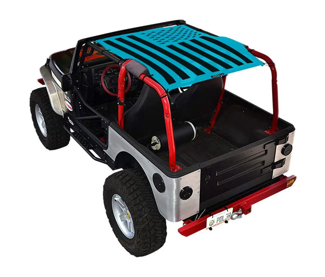 SpiderWebShade sun shade for Jeep Wrangler TJ (1997–2006); blue printed shade top over roll bars