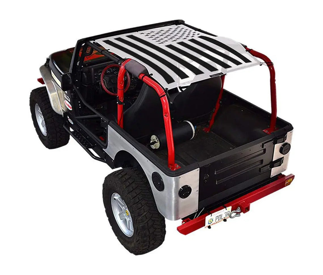 Sun Shade by SPIDERWEBSHADE for Jeep Wrangler TJ (1997–2006); black-and-white flag-style printed shade top.