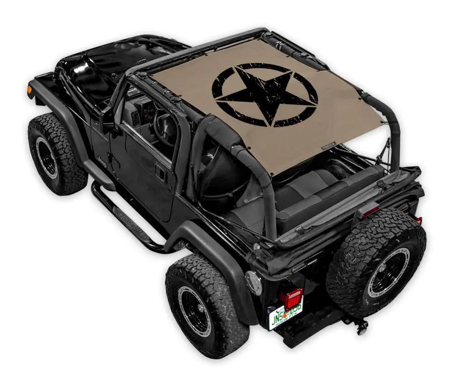 Sun shade top SpiderWebShade for Jeep Wrangler TJ (1997–2006); tan fabric with black star logo.