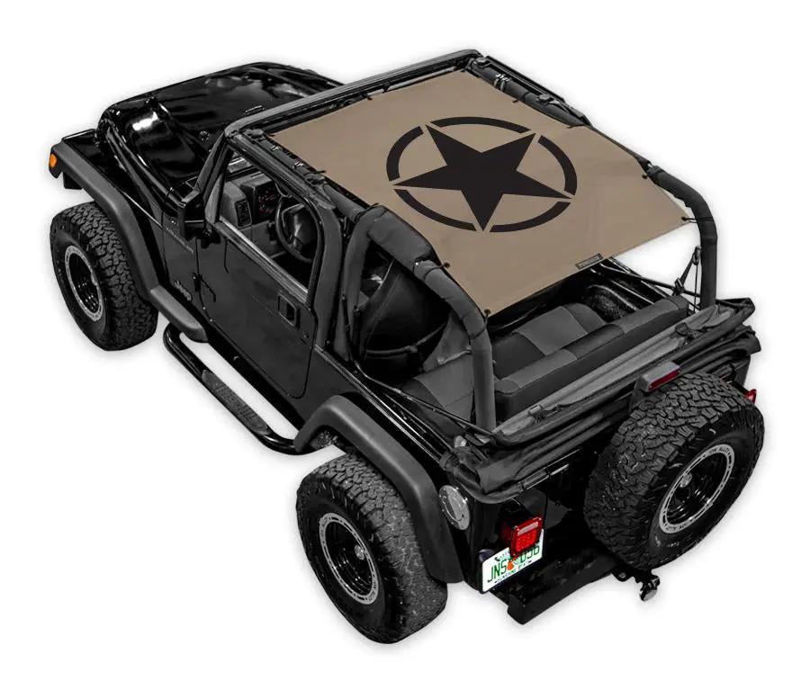 Sun shade SpiderWebShade for Jeep Wrangler TJ (1997–2006), tan with black star logo