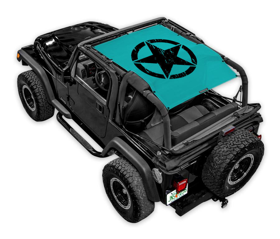 Sun shade by SpiderWebShade for Jeep Wrangler TJ (1997–2006) with turquoise stock-printed top and star logo