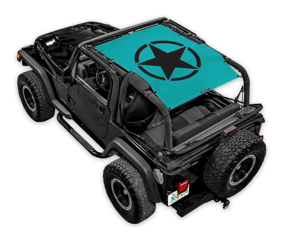 Jeep Wrangler TJ Sun Shade by SpiderWebShade; teal top with black star emblem.