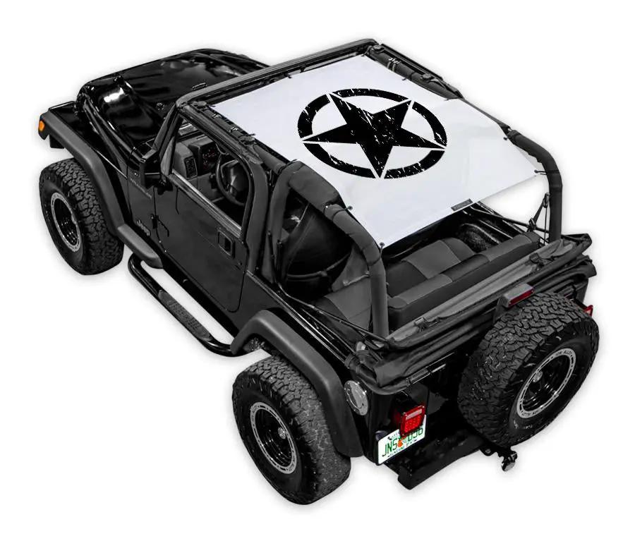 Sun shade top by SpiderWebShade for Jeep Wrangler TJ, white with black star logo