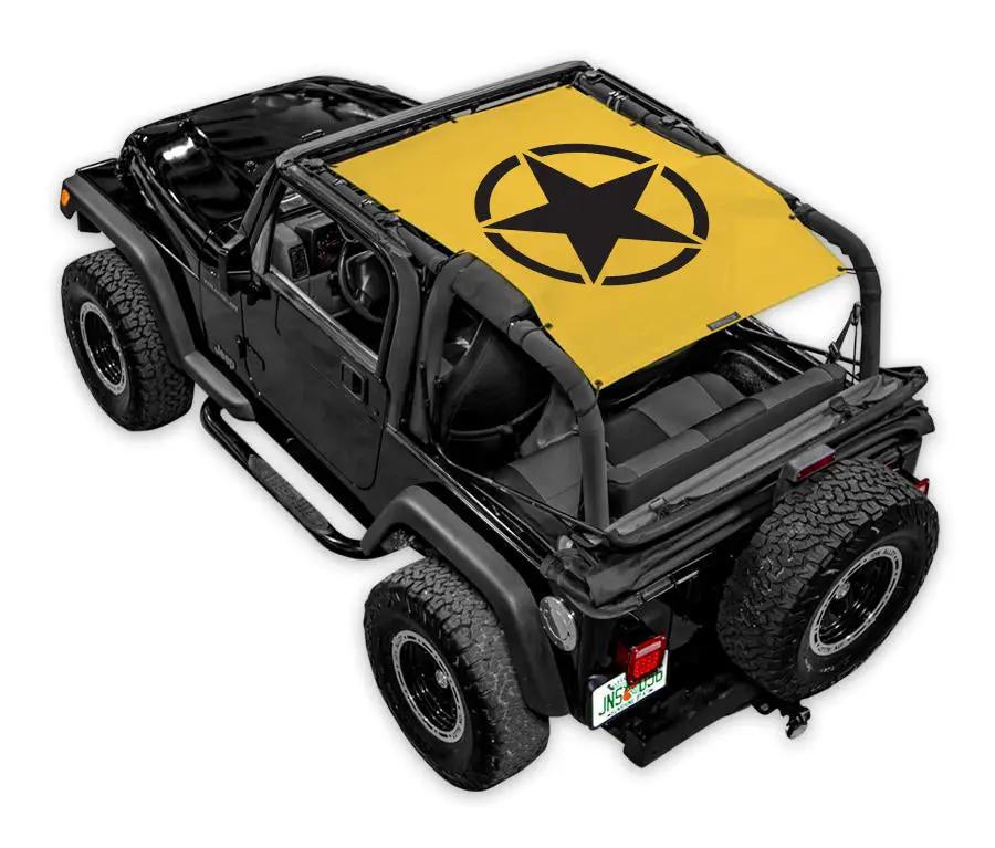 Sun shade for Jeep Wrangler TJ by SpiderWebShade; yellow printed shade top with black star logo