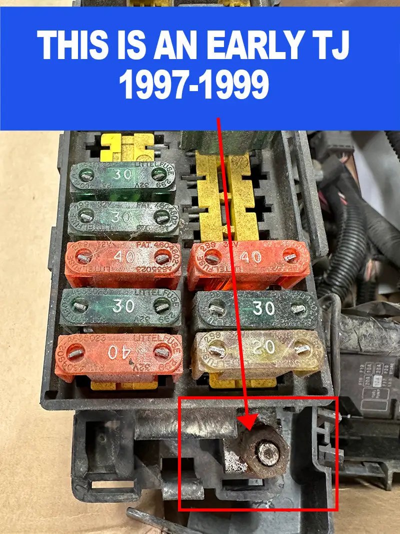 Battery cable replacement harness by Big7Kits for Jeep Wrangler TJ/LJ (1997-2006), shown near fuse block and terminal.