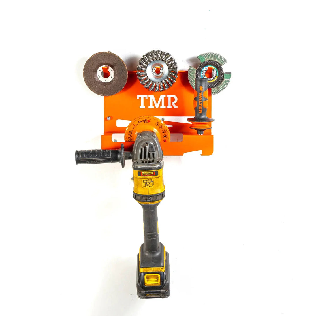 TMR Angle Grinder & Abrasive Organizer SINGLE orange metal rack with grinder and assorted abrasive discs