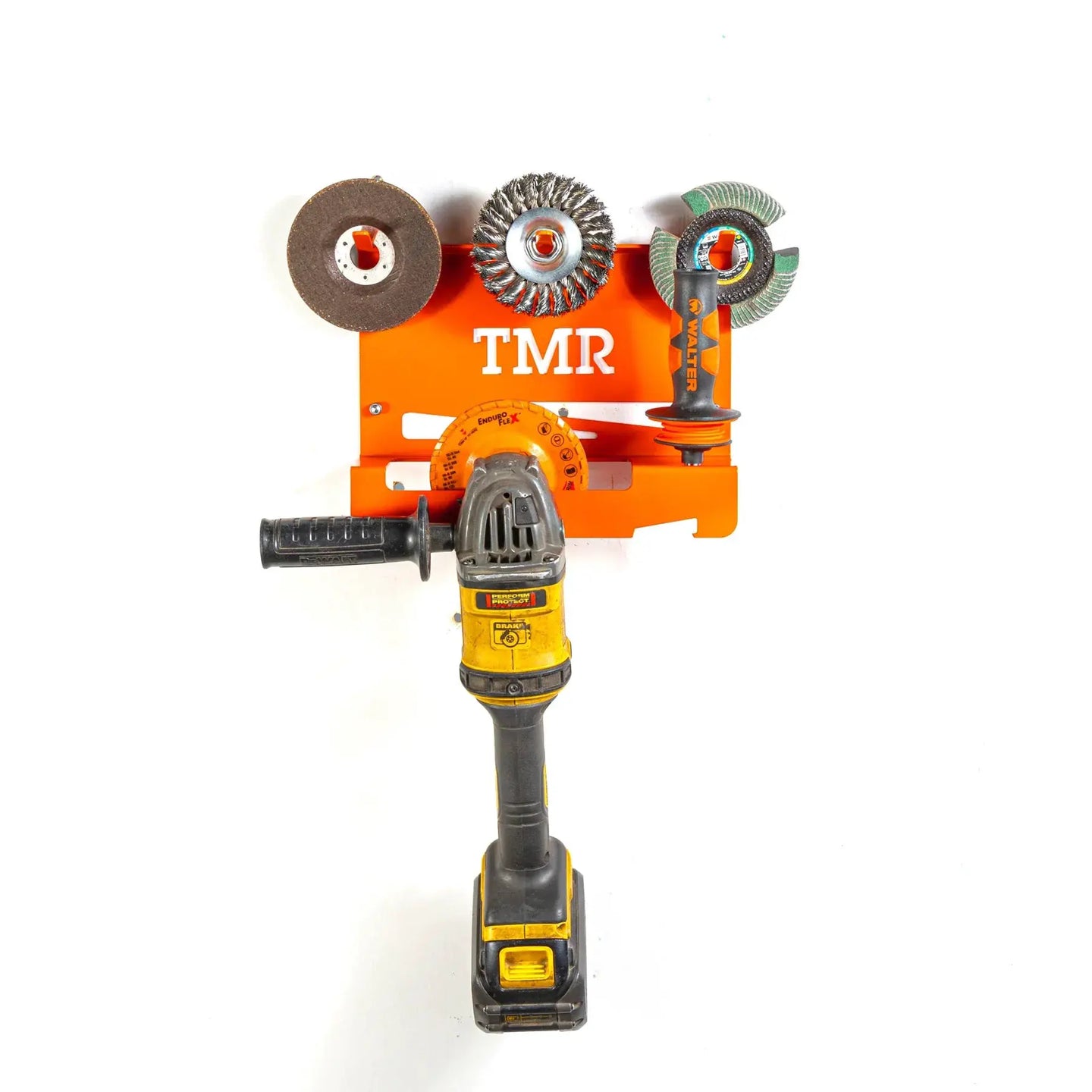 TMR Angle Grinder & Abrasive Organizer SINGLE orange metal rack with grinder and assorted abrasive discs