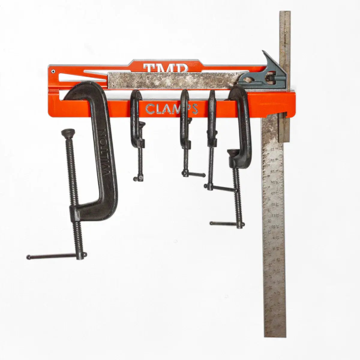 Skinny Pedal Racing TMR Clamp & Square Organizer orange clamp rack with C-clamps and ruler