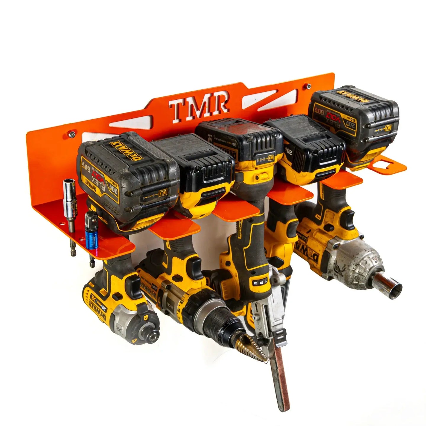 TMR Cordless Tool Organizer orange wall-mount rack with multiple Dewalt 20V batteries