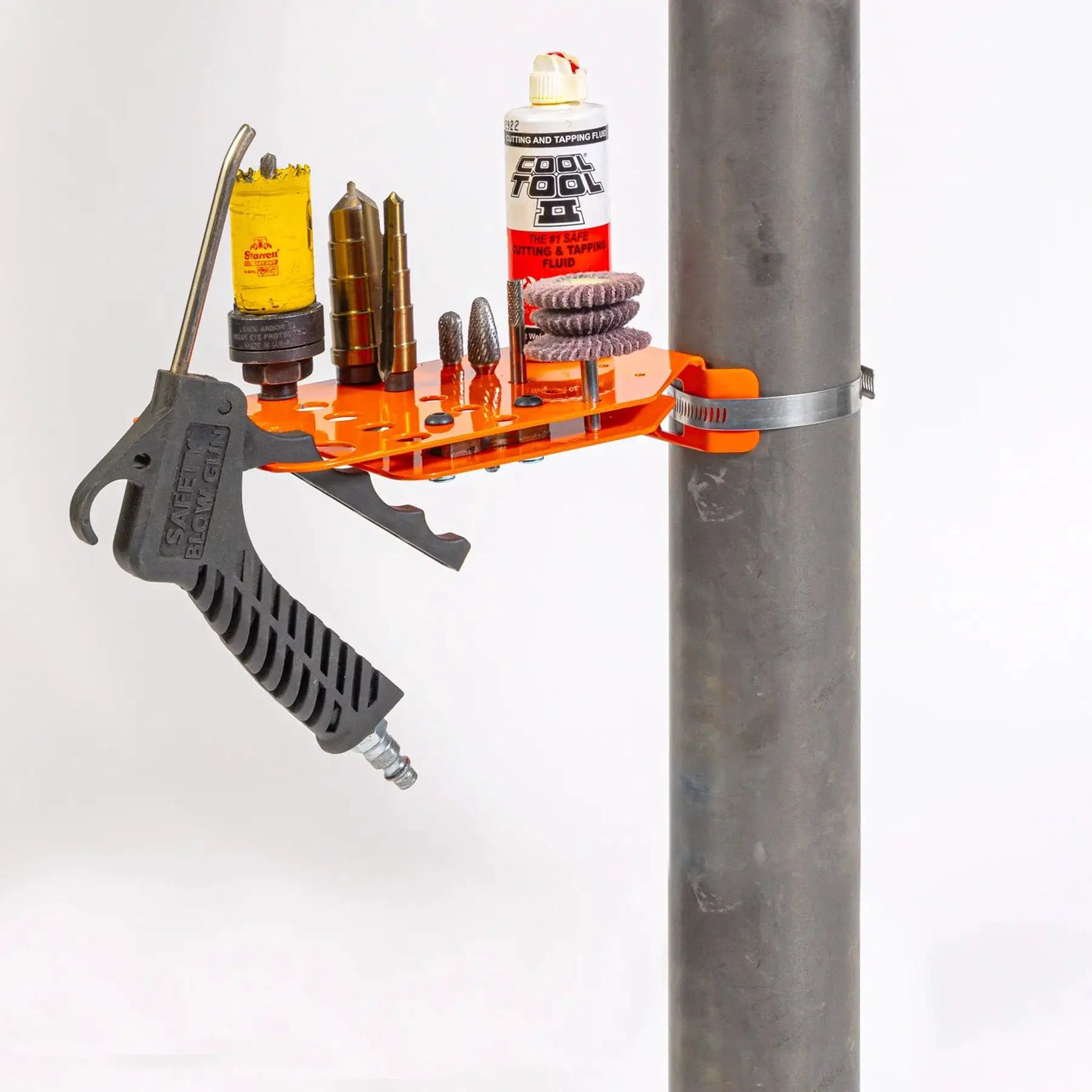 TMR Drill Press Organizer by Skinny Pedal Racing orange mounting tray with drill bits mounted to a vertical pipe