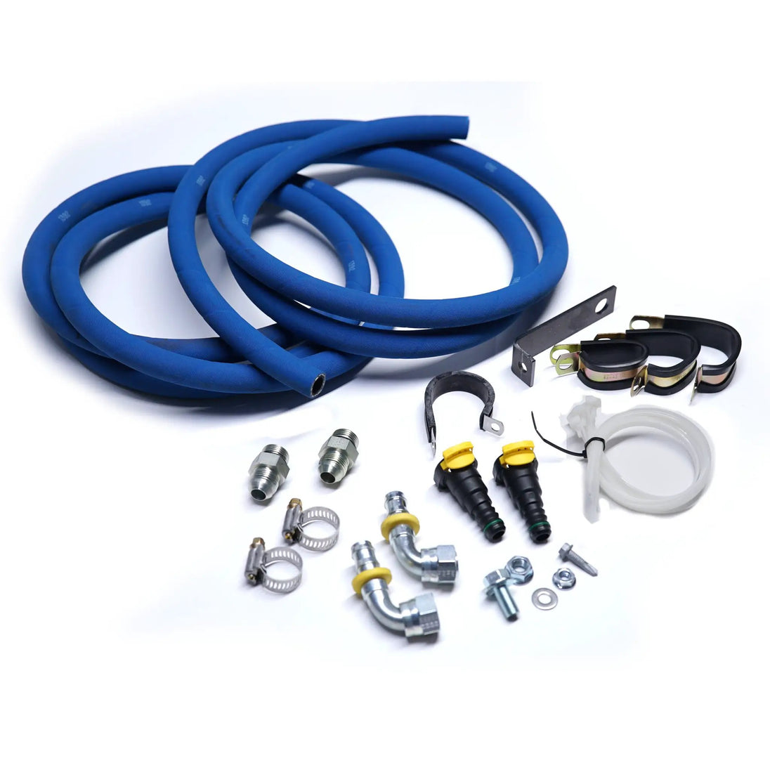 Power Driven Diesel 68RFE Transmission Cooler Line Replacement Kit 2007-2009 blue hoses with fittings and clamps