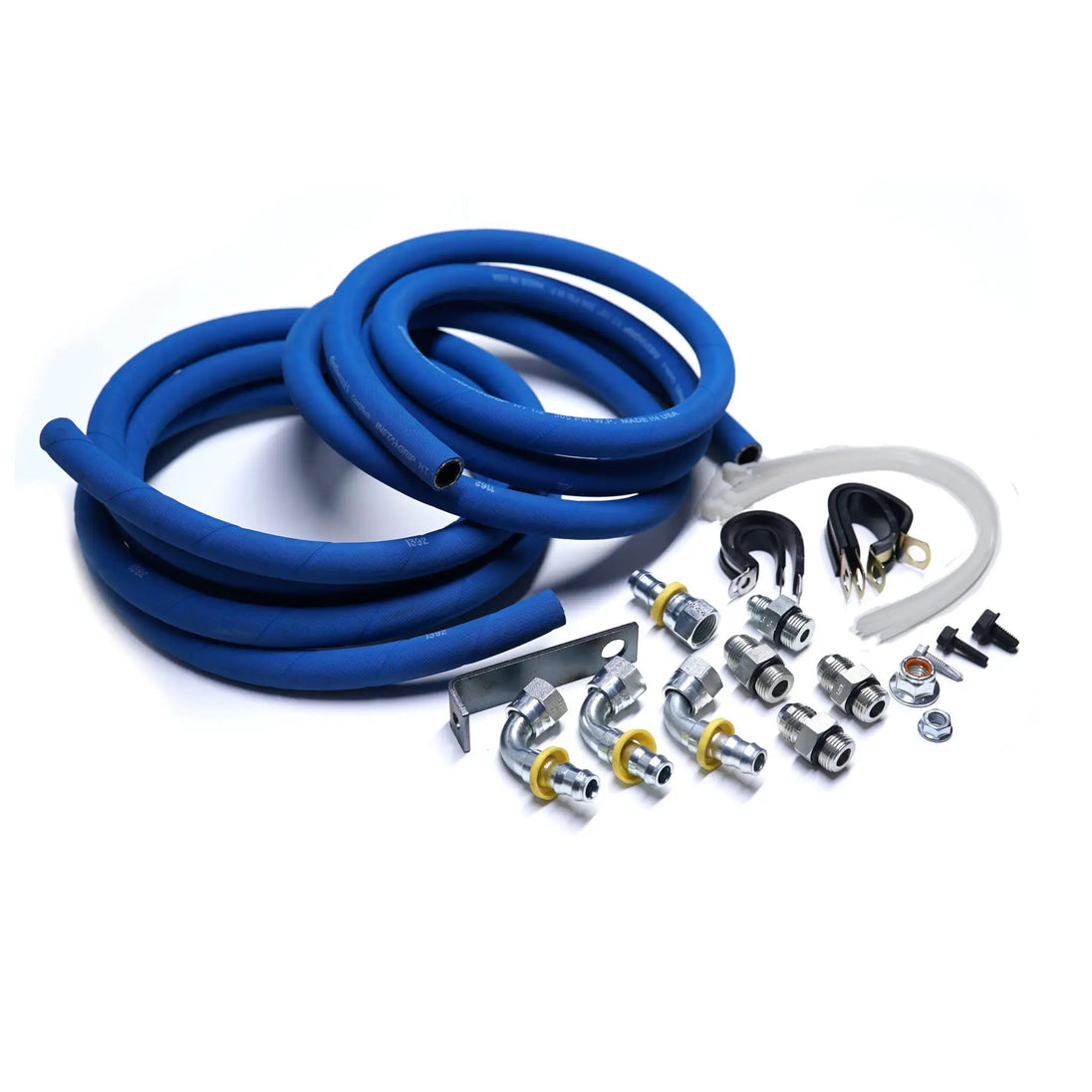 Power Driven Diesel 68RFE Transmission Cooler Line Replacement Kit 2010-2011 blue braided hoses with metal fittings