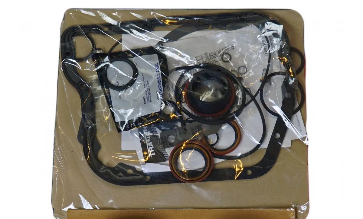 Power Driven Diesel 48RE Transmission Overhaul Gasket Kit in sealed bag with gaskets and seals