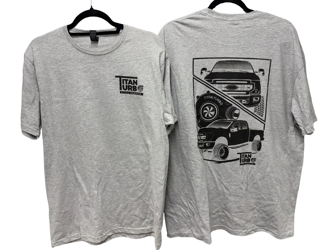 Titan Turbo T-Shirt gray heather; front Titan Turbo Service logo, back graphic of a lifted off-road truck; 2 shirts