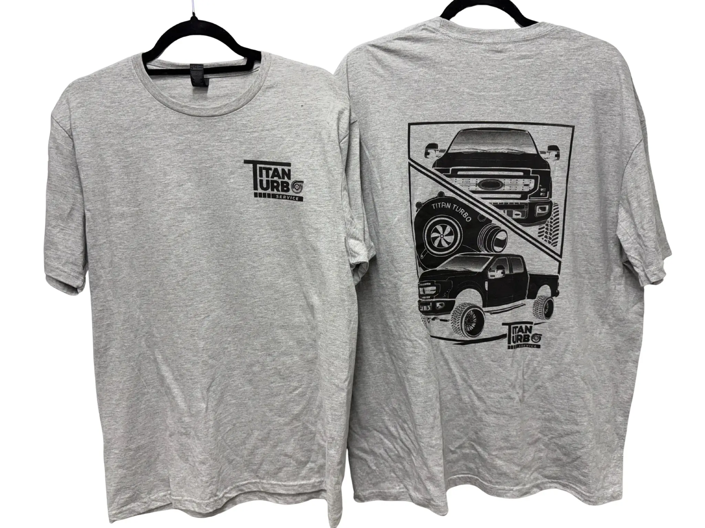 Titan Turbo T-Shirt gray heather; front Titan Turbo Service logo, back graphic of a lifted off-road truck; 2 shirts