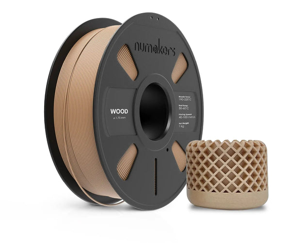 PLA Wood filament spool by Numakers; tan wood-tone filament with lattice sample piece (2 items)