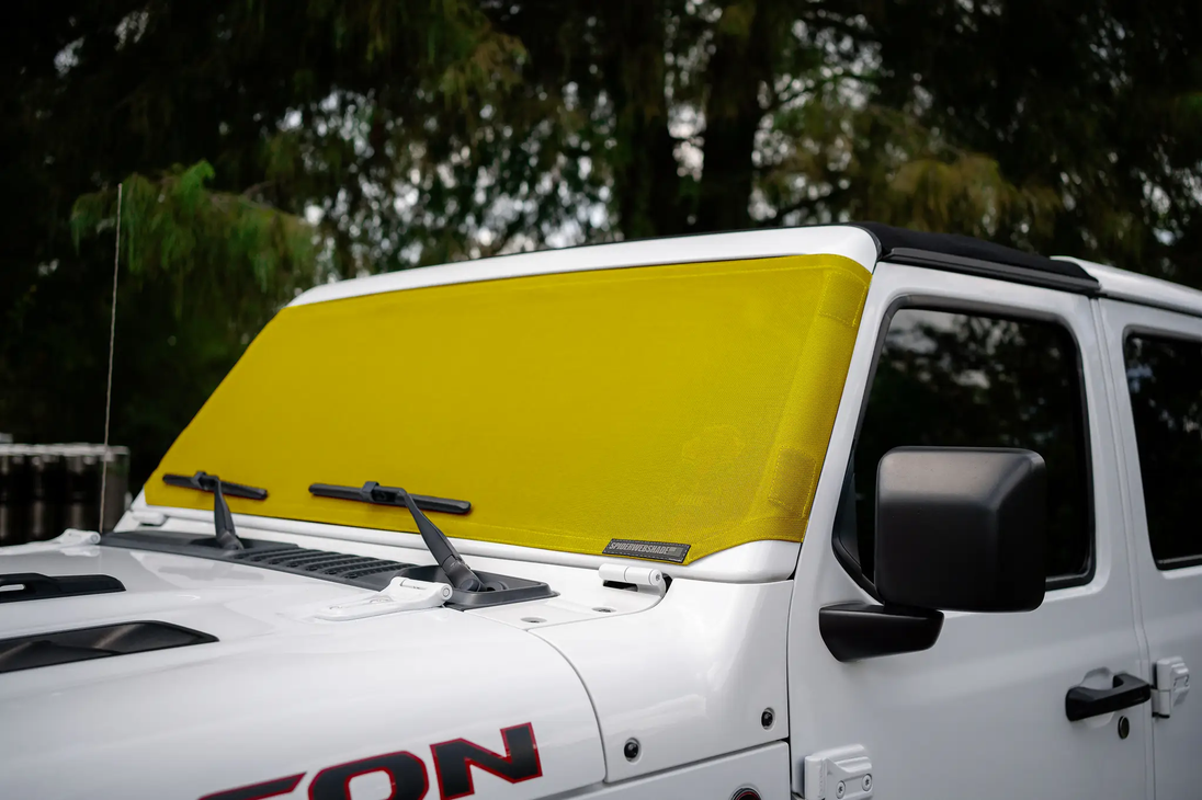 Solar shade for Jeep Wrangler and Gladiator by SPIDERWEBSHADE; bright yellow windshield sunshade