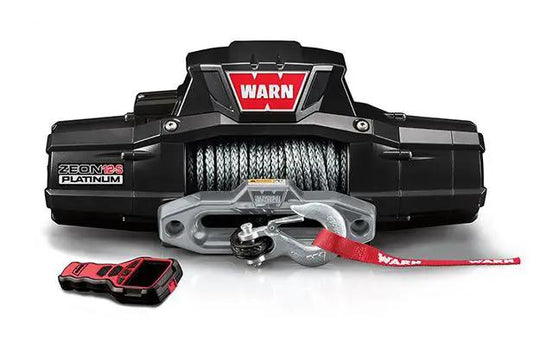 Warn Zeon 12 S Platinum Winch with steel wire rope, hook, and red wired remote