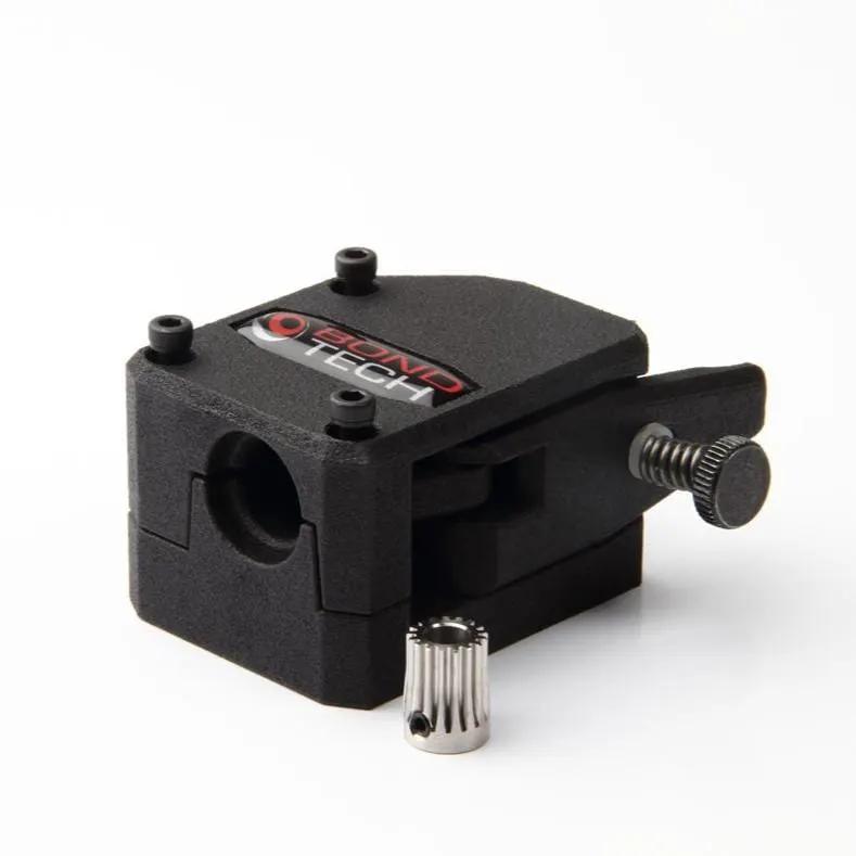 Bondtech BMG Extruder 3D printer dual-gear unit, black metal with mounting knob and silver drive gear